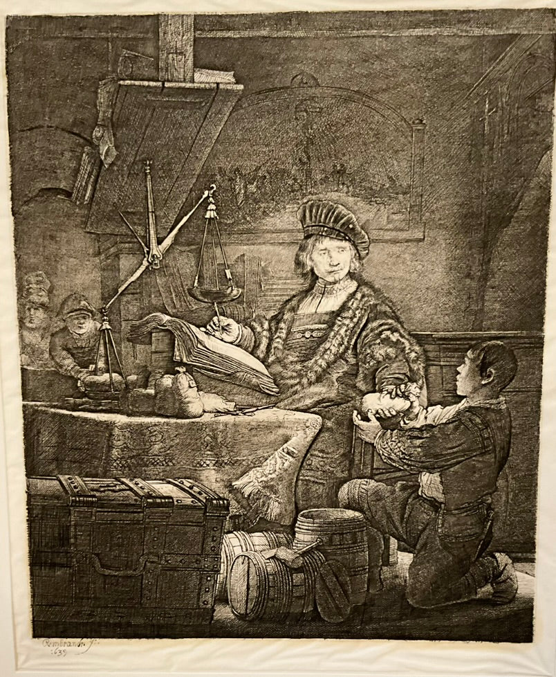 A tissue etching artwork depicting a portrait of a man in a biblical-themed setting, with historical and religious elements.