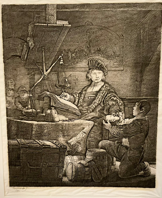 A tissue etching artwork depicting a portrait of a man in a biblical-themed setting, with historical and religious elements.